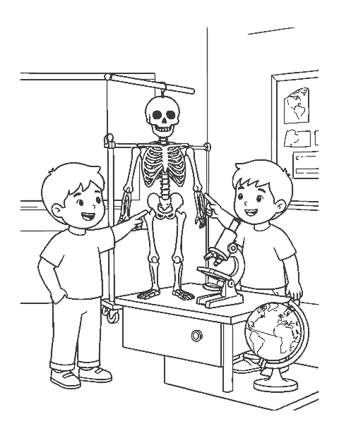Line drawing of two children looking at a skeleton model in a classroom
