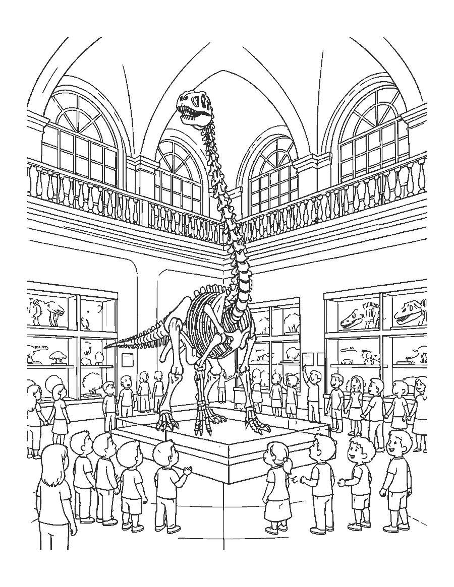Line drawing of families looking up at a dinosaur skeleton in a museum