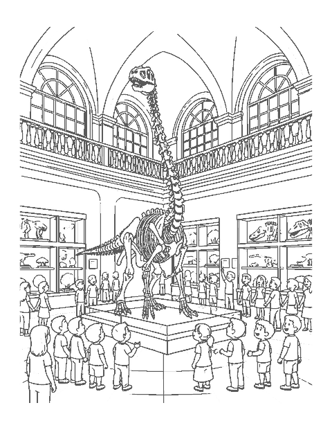 Line drawing of families looking up at a dinosaur skeleton in a museum