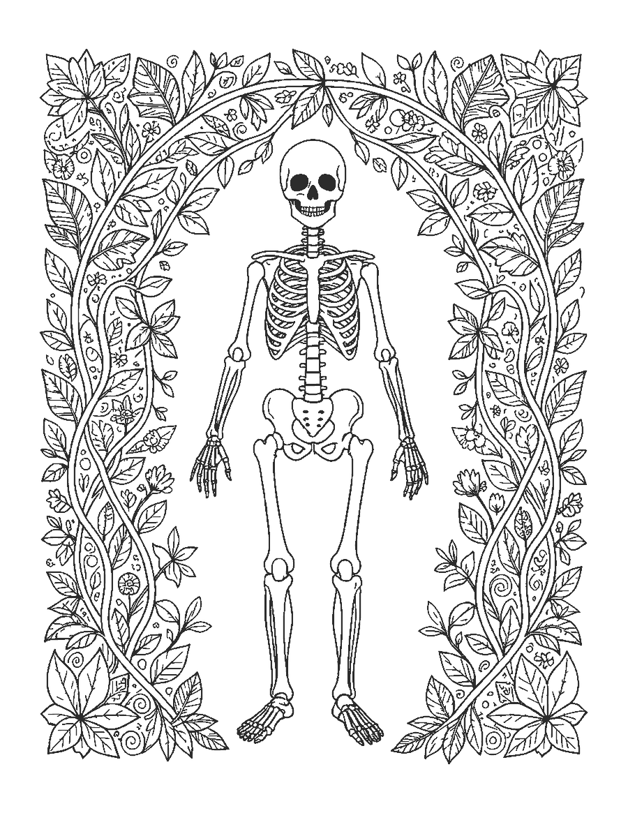 Line drawing of a detailed human skeleton framed by an arch of leaves