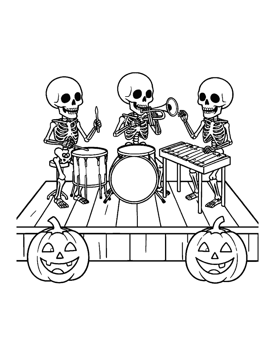 Line drawing of three cartoon skeletons playing a drum, trumpet and xylophone