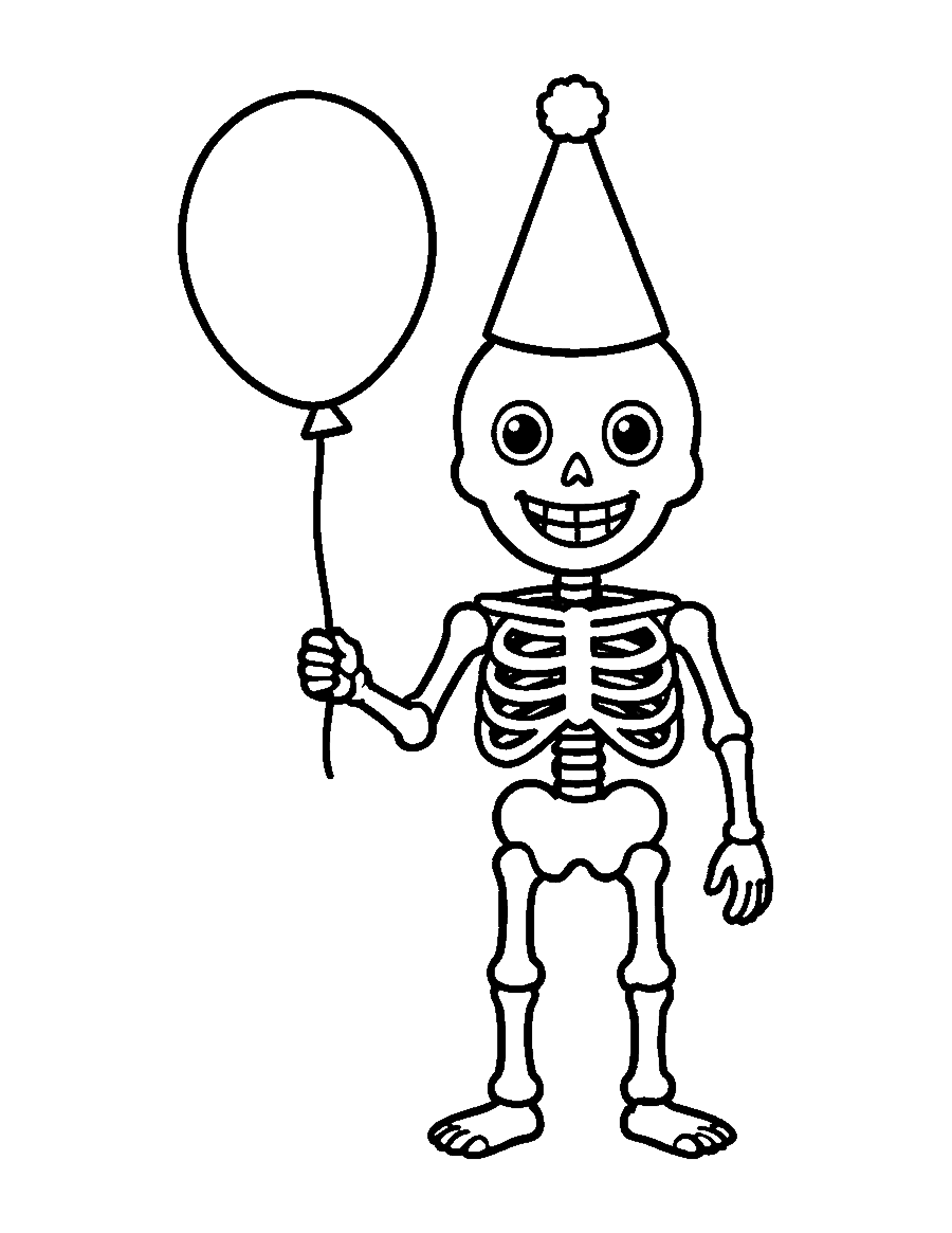 Line drawing of a cartoon skeleton in a party hat holding a balloon