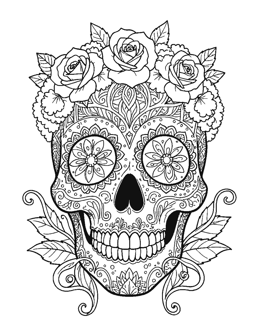 Line drawing of a sugar skull filled with mandala patterns and crowned with roses
