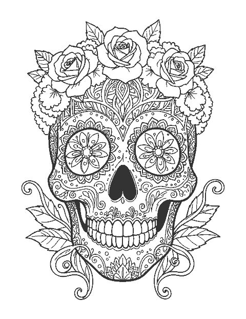 Line drawing of a sugar skull filled with mandala patterns and crowned with roses