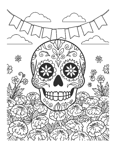 Line drawing of a decorated sugar skull with flowers, marigolds and paper flags
