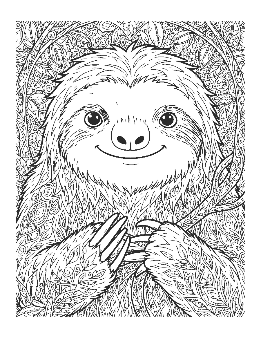 Line drawing close-up of a three-toed sloth's face with eye stripes and shaggy fur