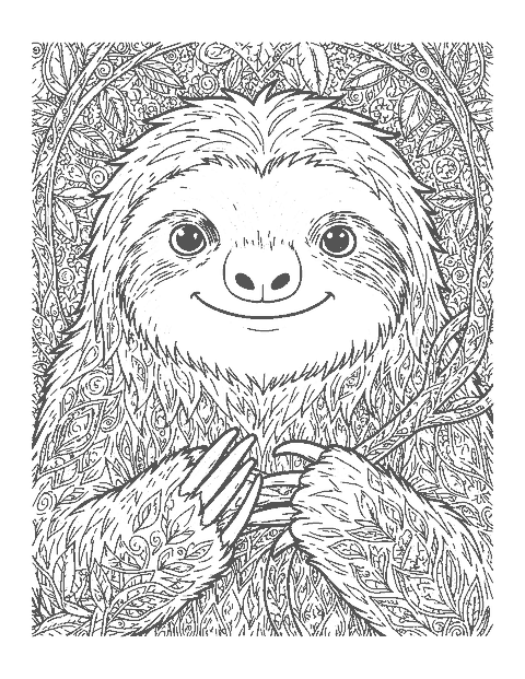 Line drawing close-up of a three-toed sloth's face with eye stripes and shaggy fur