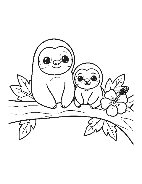 Line drawing of a cute mother sloth and her baby sitting side by side on a branch with leaves