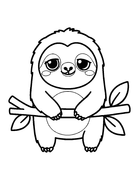 Line drawing of a cute chibi sloth smiling and hugging a branch