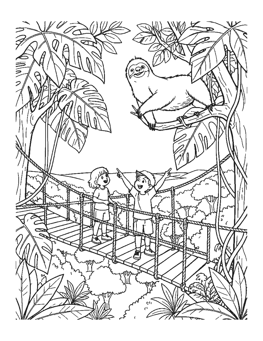 Line drawing of children on a hanging rainforest walkway pointing at a sloth in a tree