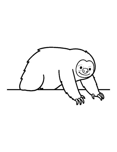 Line drawing of a shaggy sloth crawling slowly along the ground on long clawed arms