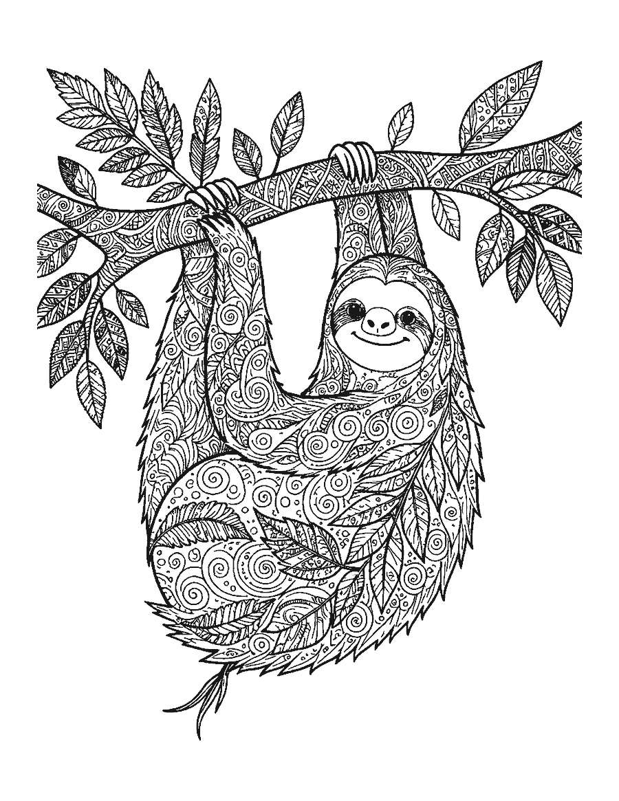 Line drawing of a hanging sloth whose body is filled with doodle leaf patterns