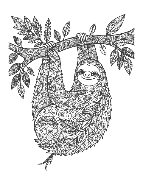 Line drawing of a hanging sloth whose body is filled with doodle leaf patterns