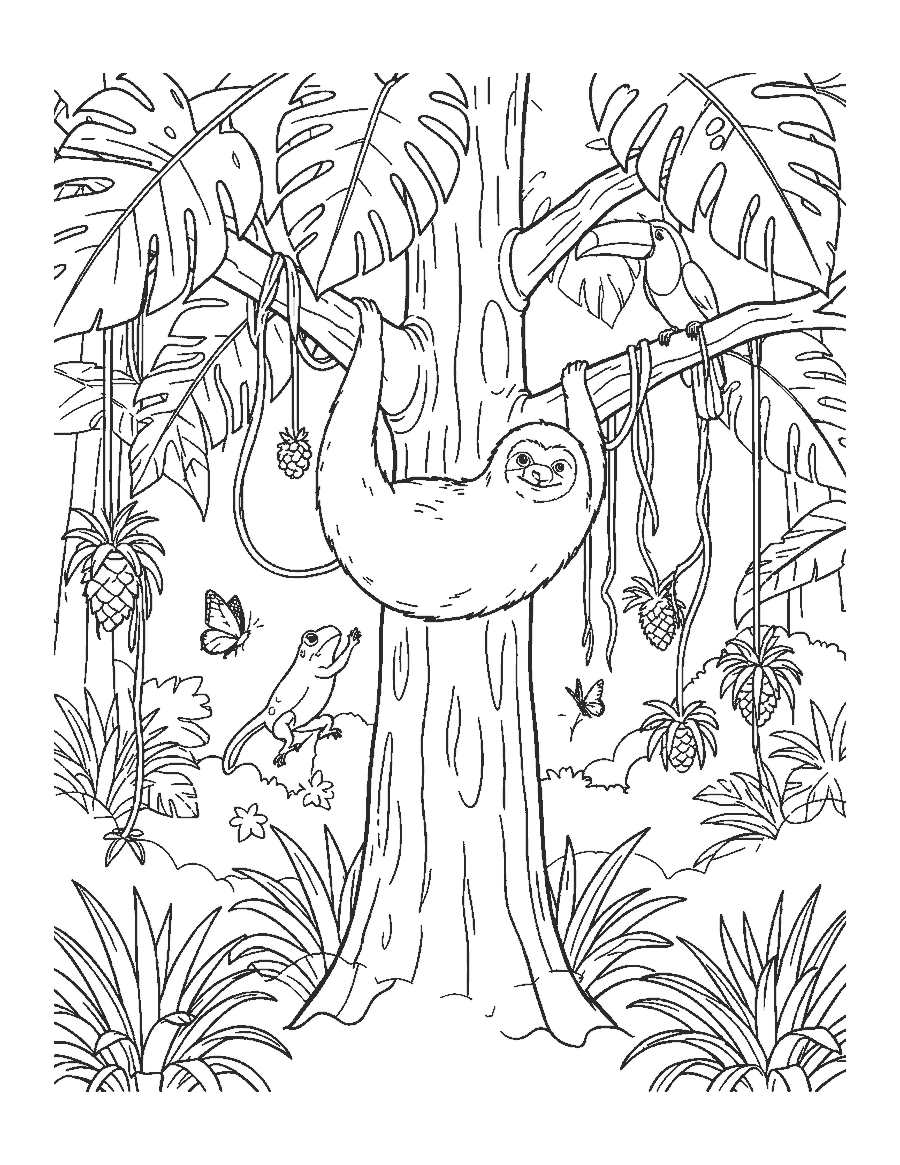 Line drawing of a sloth hanging in a rainforest tree with a toucan, tree frog and vines