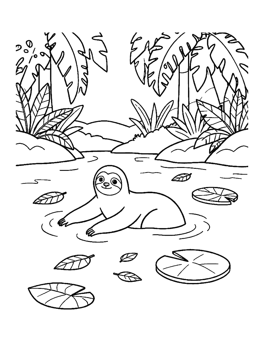 Line drawing of a sloth swimming across a calm jungle river with its long arms