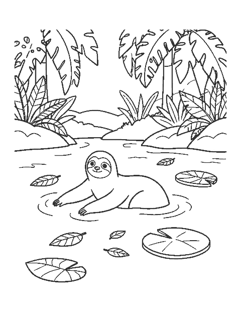 Line drawing of a sloth swimming across a calm jungle river with its long arms