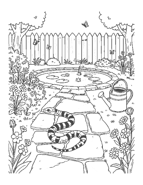 Line drawing of a striped garter snake resting on a stone path in a backyard garden