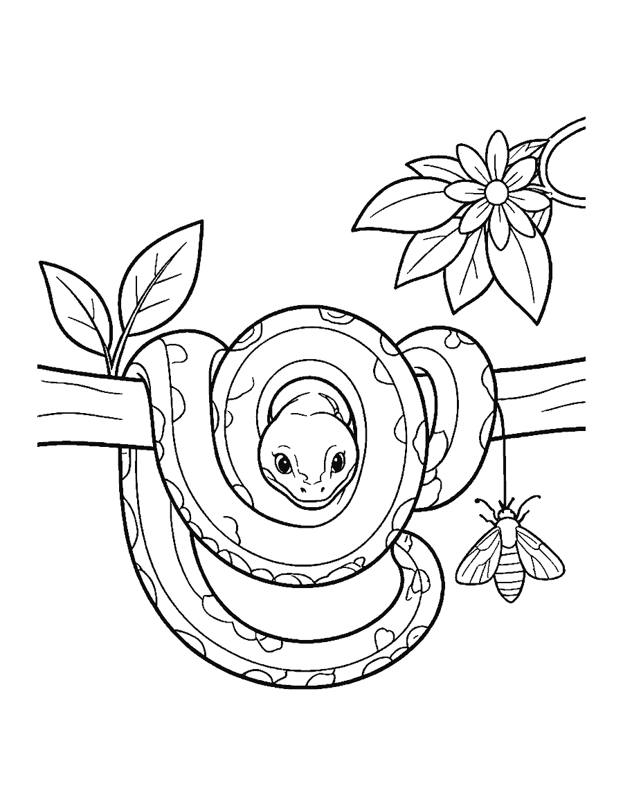 Line drawing of a tree python coiled in loops over a branch among leaves and a flower