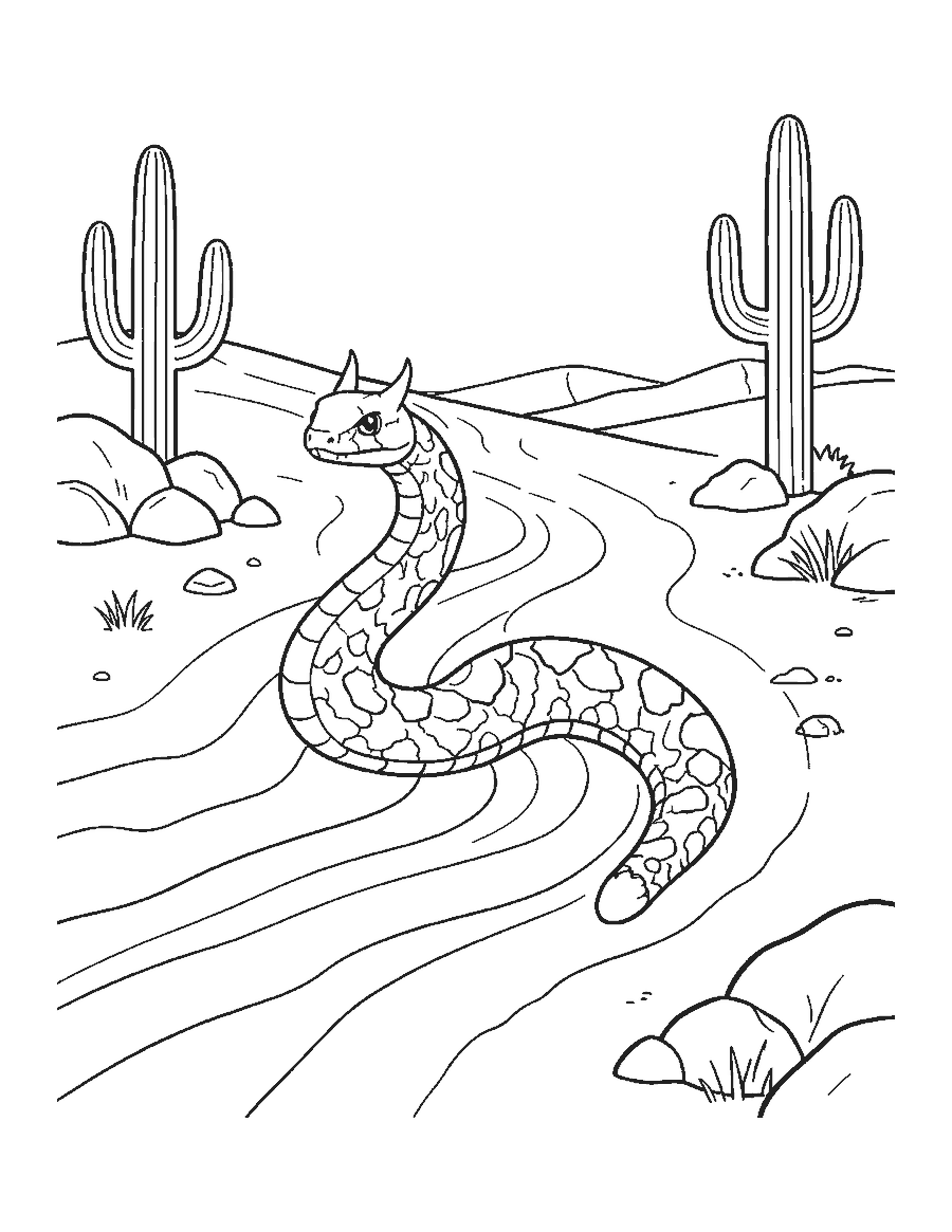 Line drawing of a sidewinder snake crossing sand dunes and leaving J-shaped tracks