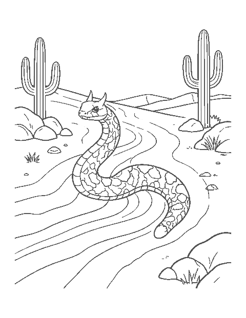 Line drawing of a sidewinder snake crossing sand dunes and leaving J-shaped tracks