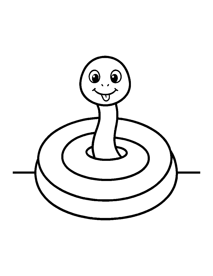 Line drawing of a smiling cartoon snake coiled in a round spiral with its head raised