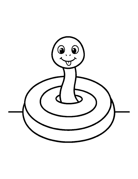 Line drawing of a smiling cartoon snake coiled in a round spiral with its head raised