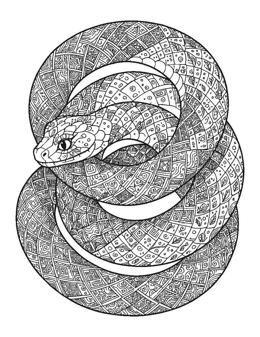 Line drawing of a snake coiled in a spiral with each band filled with doodle patterns