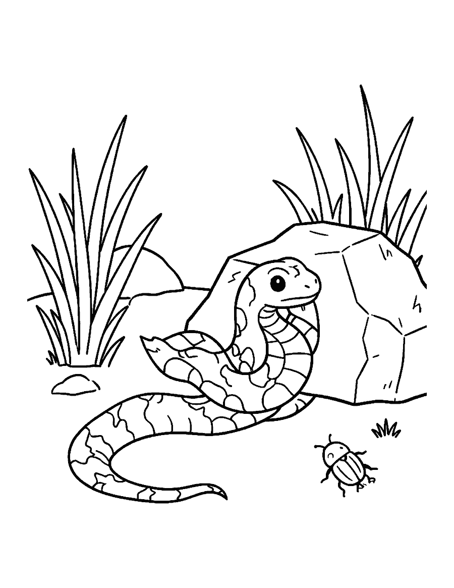 Line drawing of a snake crawling out of its old shed skin beside a rock