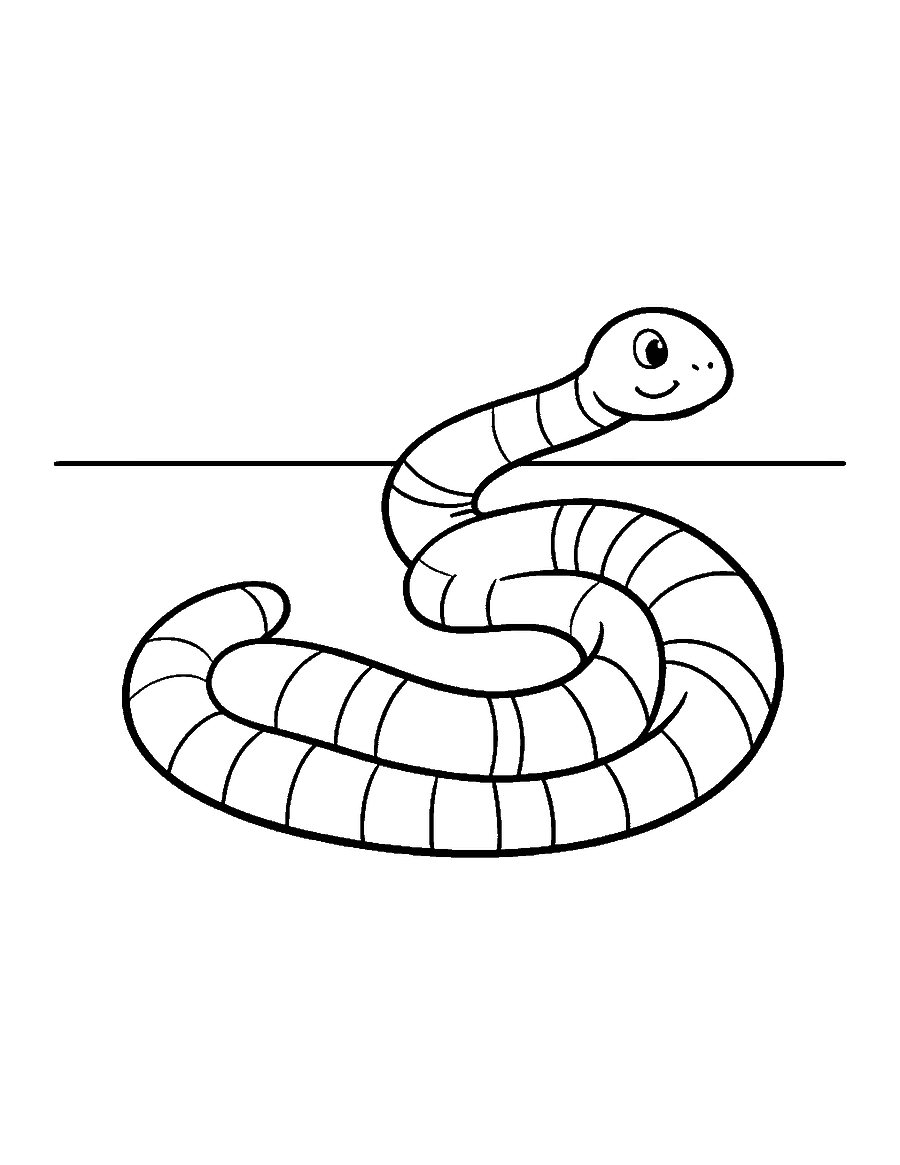 Line drawing of a long striped cartoon snake slithering in an S-shaped curve