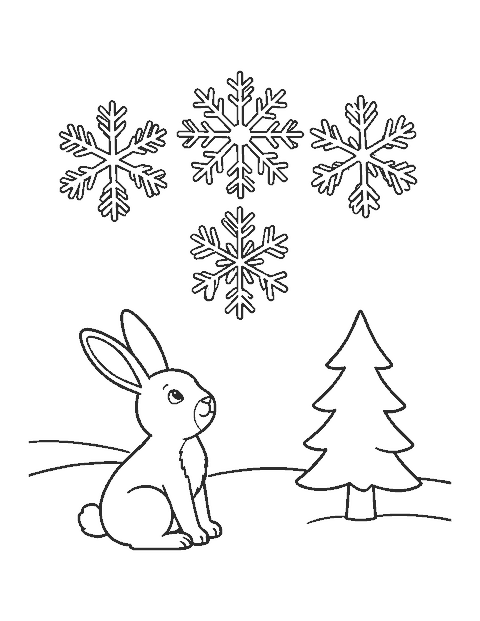 Line drawing of a bunny in the snow looking up at three large snowflakes