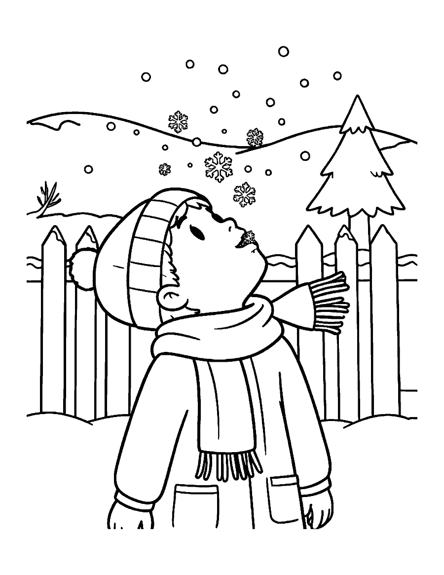 Line drawing of a child catching snowflakes on their tongue by a fence