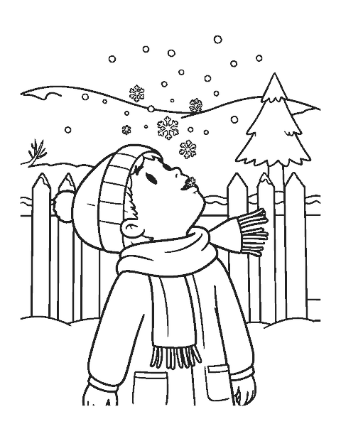 Line drawing of a child catching snowflakes on their tongue by a fence