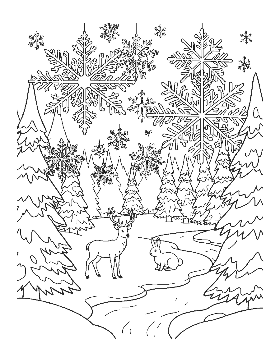 Line drawing of giant snowflakes over a snowy forest clearing with a deer and a rabbit
