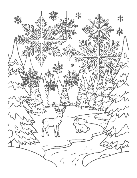Line drawing of giant snowflakes over a snowy forest clearing with a deer and a rabbit