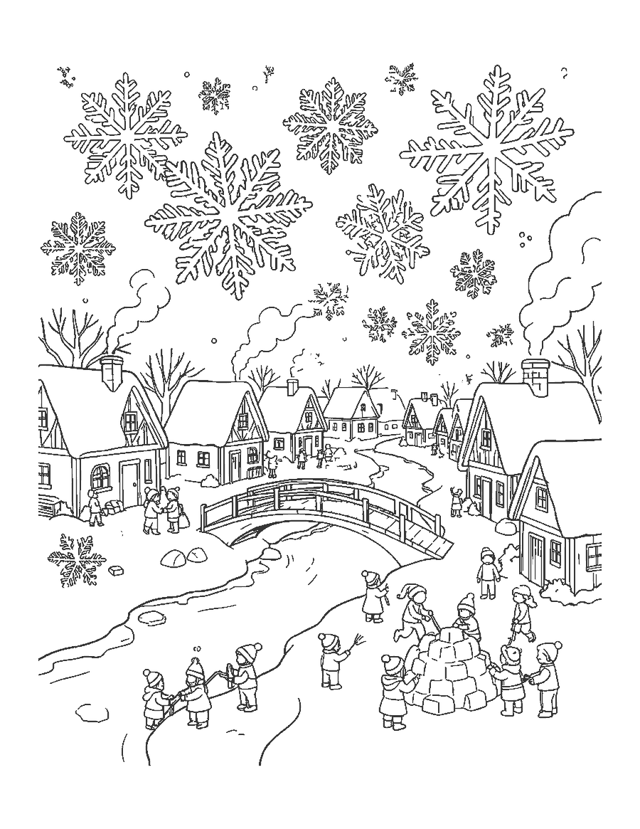 Line drawing of big snowflakes falling over a village with children and a bridge