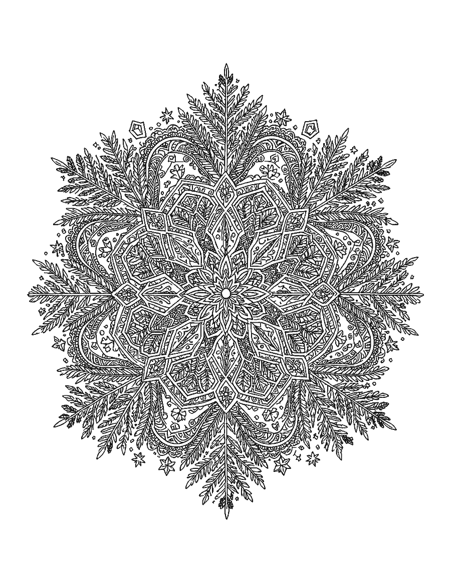Line drawing of a detailed six-sided snowflake mandala