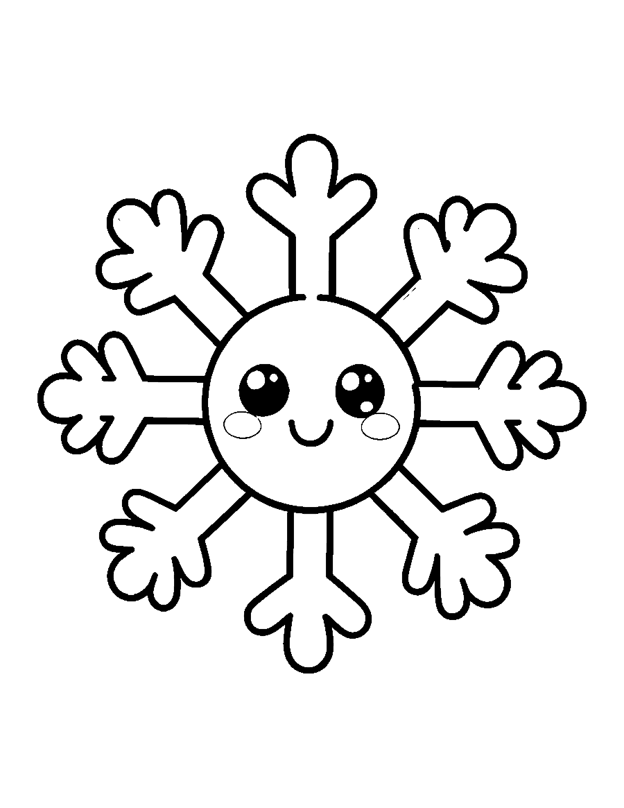 Line drawing of a cute six-armed snowflake with a smiling face in its center