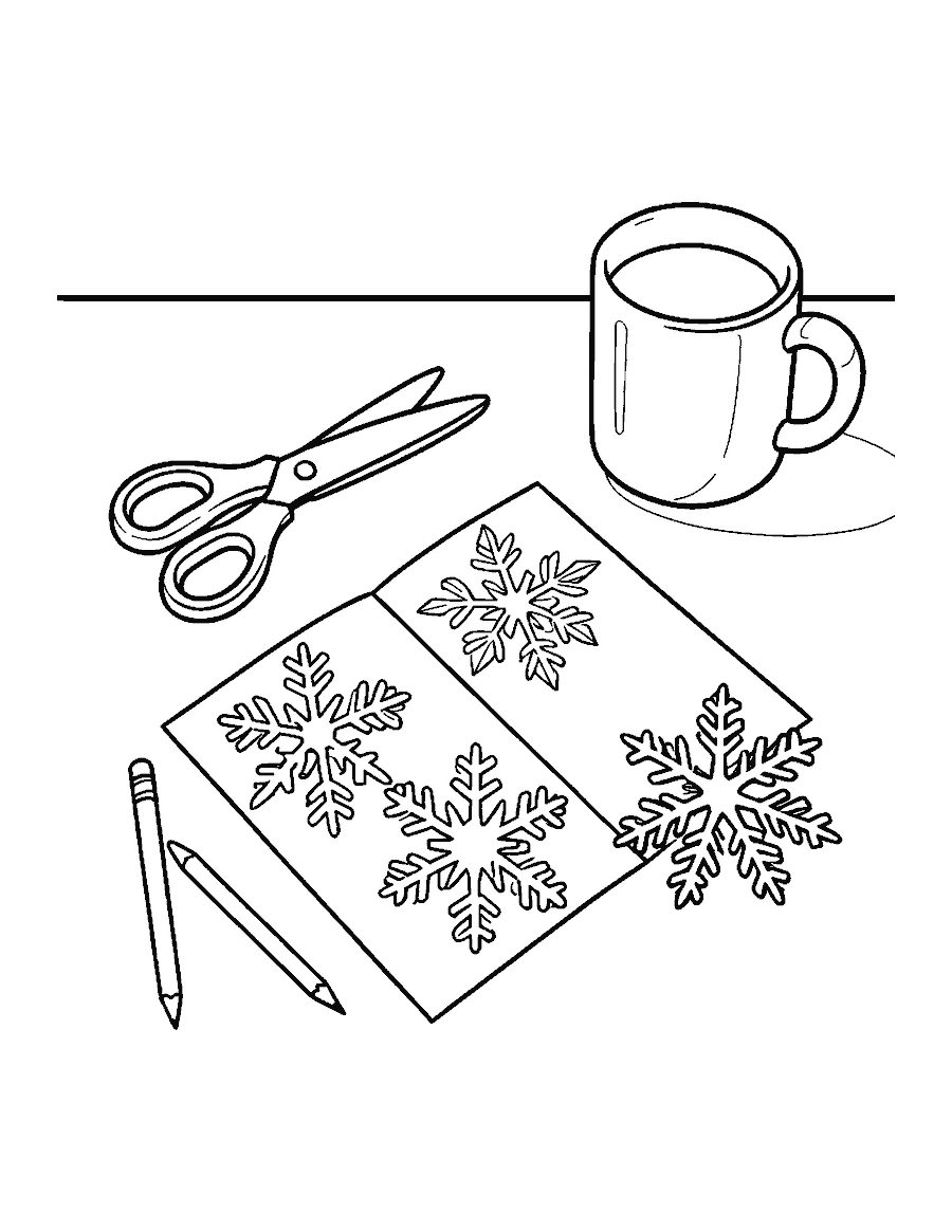 Line drawing of paper snowflakes, scissors and a mug on a craft table