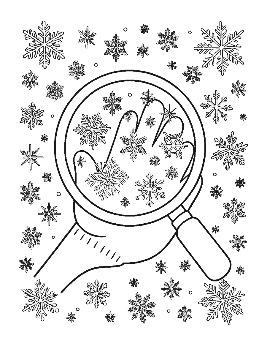 Line drawing of a magnifying glass showing different snowflake crystal shapes