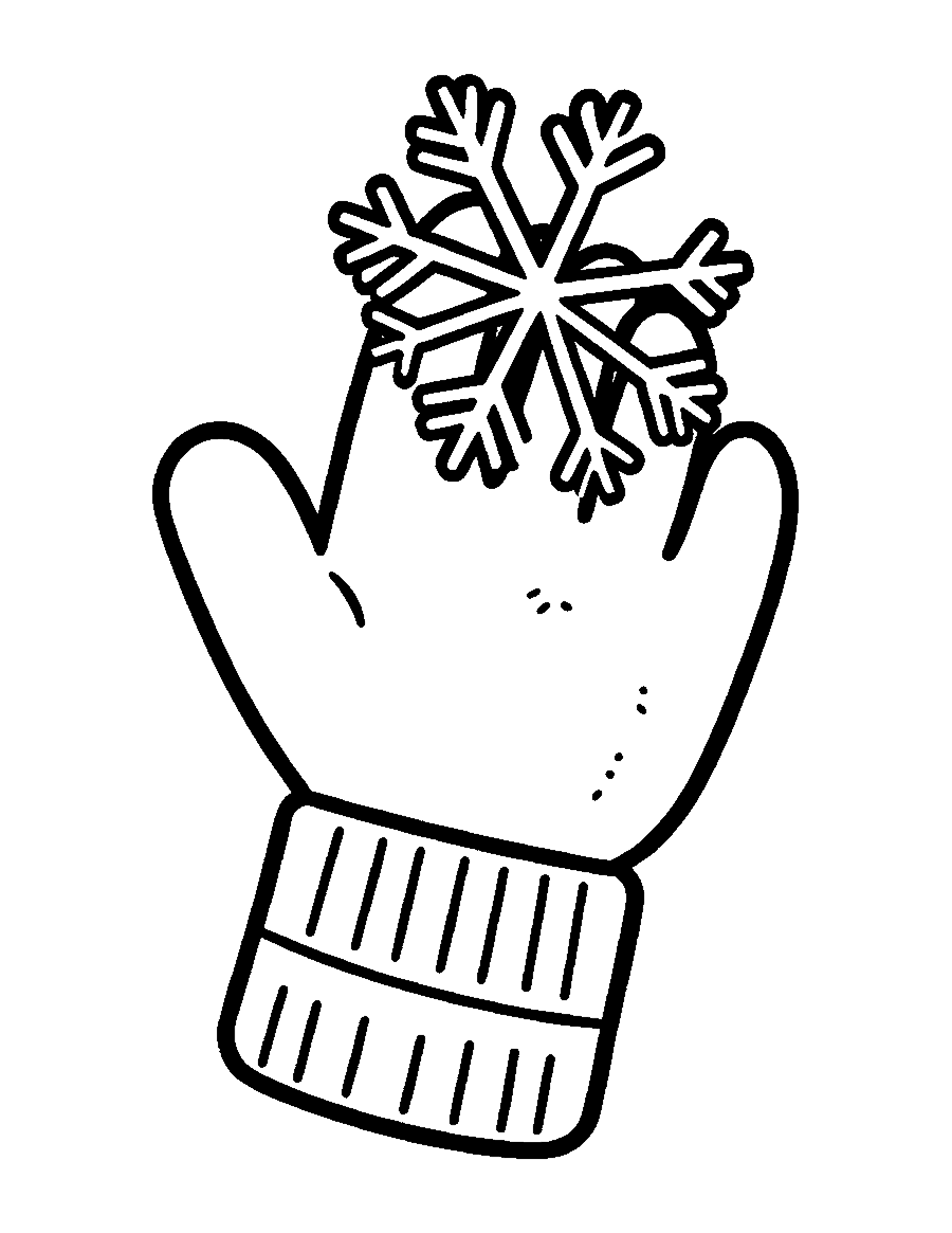 Line drawing of a large snowflake resting on a striped mitten