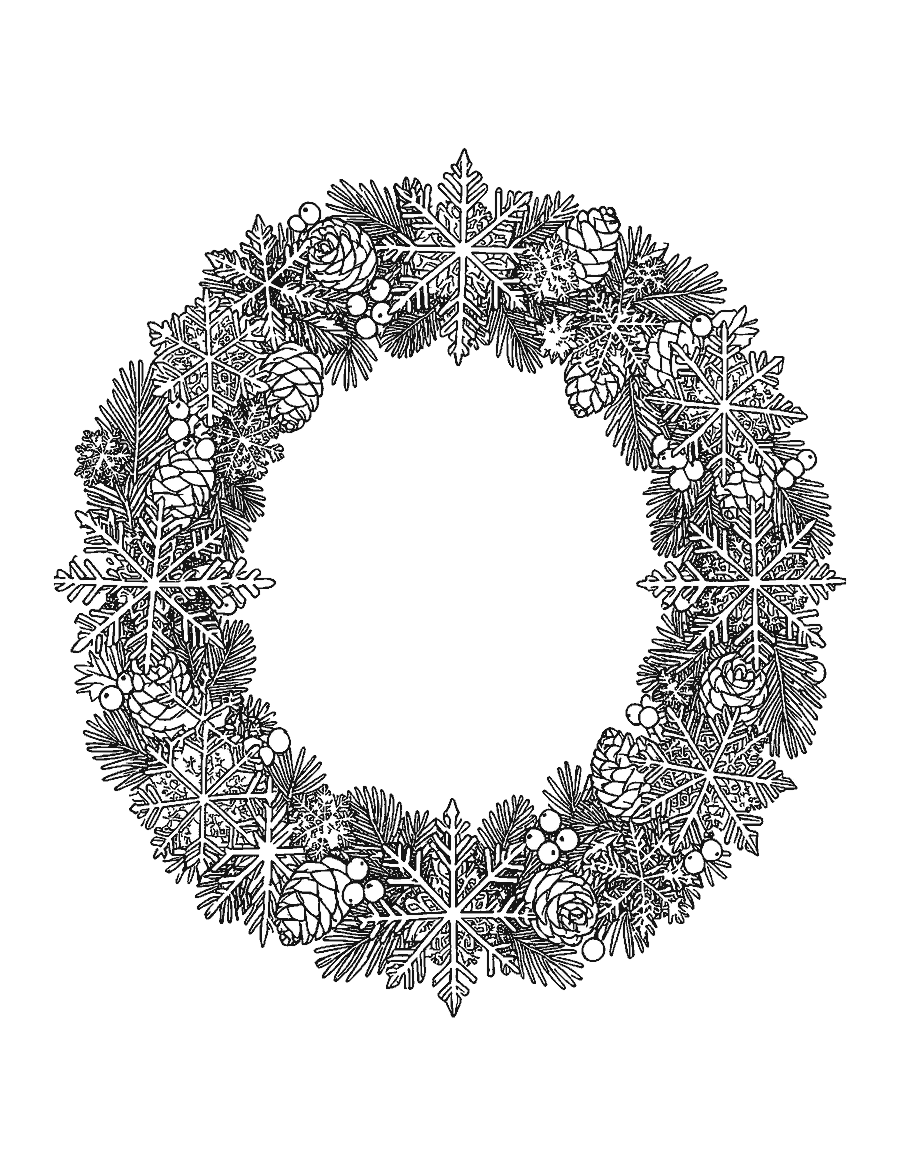 Line drawing of a round wreath of detailed snowflakes, pine sprigs, pine cones and berries