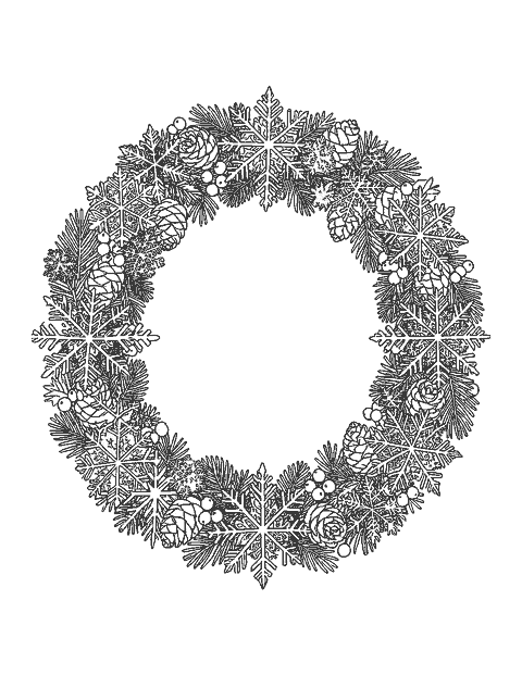 Line drawing of a round wreath of detailed snowflakes, pine sprigs, pine cones and berries