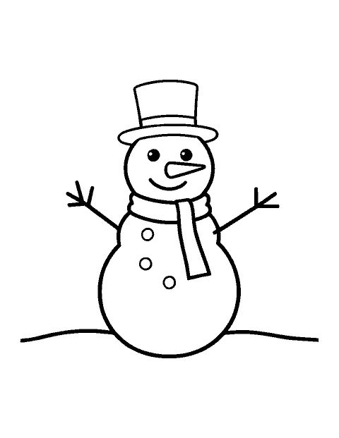 Line drawing of a classic snowman with a carrot nose, top hat and scarf