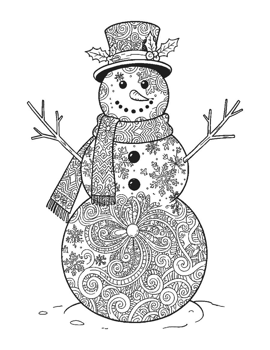 Line drawing of a snowman filled with snowflake and doodle patterns