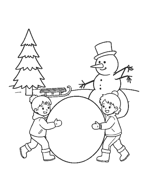 Line drawing of two children rolling a big snowball to build a snowman