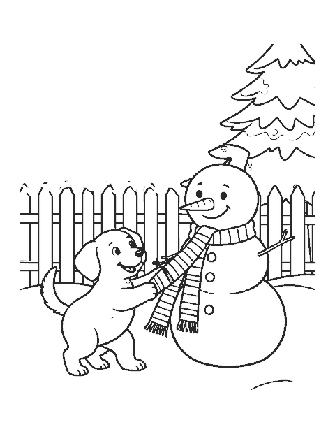 Line drawing of a puppy tugging on a smiling snowman's long striped scarf