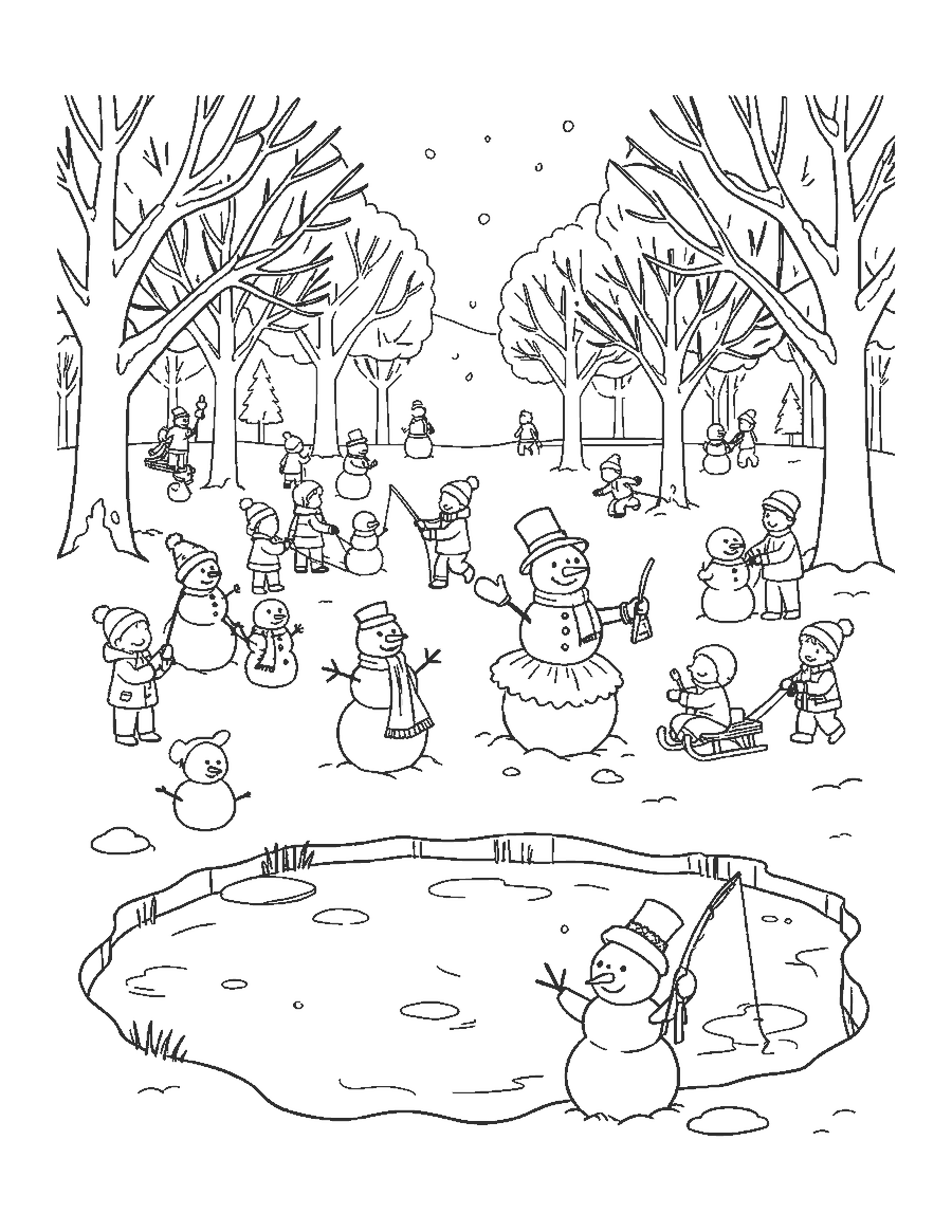 Line drawing of families building funny snowmen in a snowy park