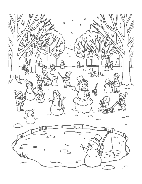 Line drawing of families building funny snowmen in a snowy park