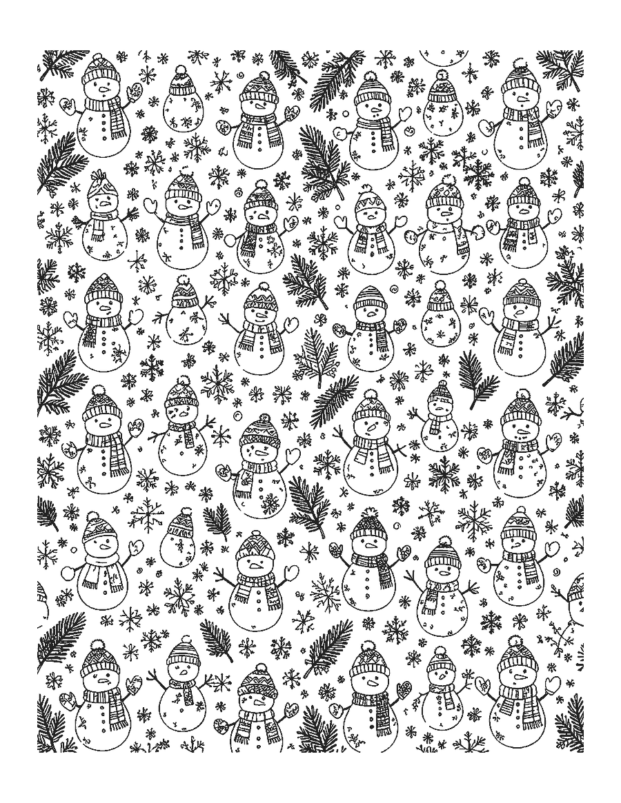 Line drawing of a repeating pattern of small snowmen, mittens, snowflakes and pine sprigs