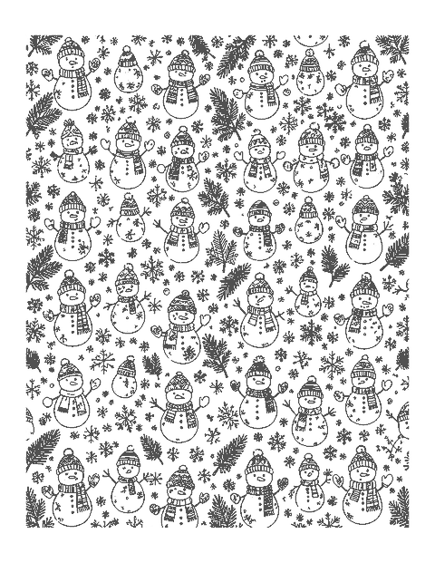 Line drawing of a repeating pattern of small snowmen, mittens, snowflakes and pine sprigs